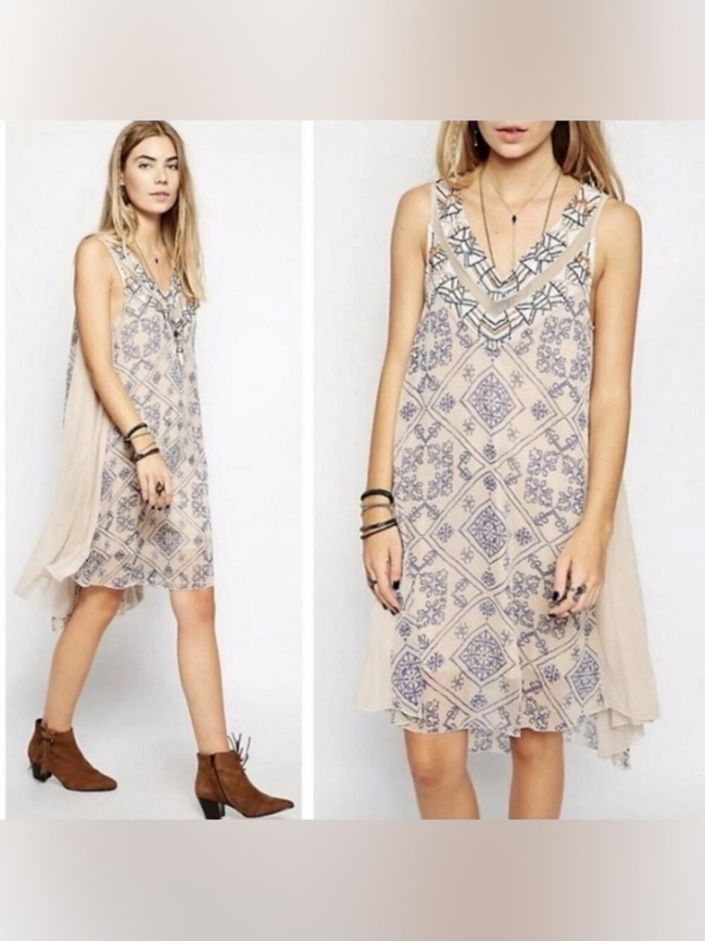 Free people Boho Beige Printed V-Neck beaded dresses satin overlay. Lined XS